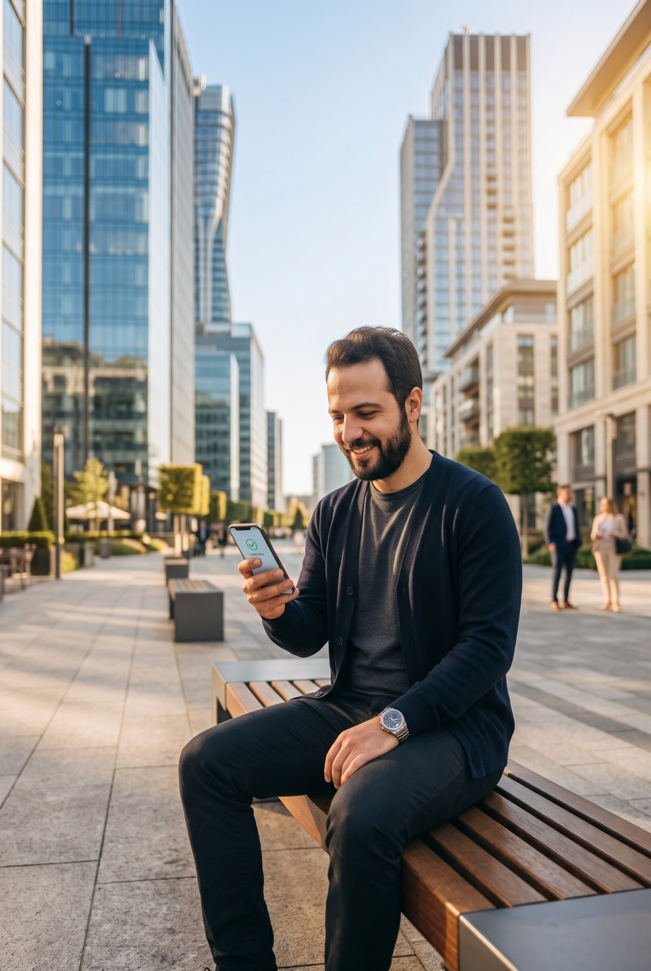 Homem consultando o celular ao ar livre em ambiente urbano, representando crédito pessoal